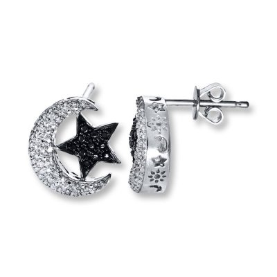 Moon  Star Earrings Black/White Diamonds Sterling Silver