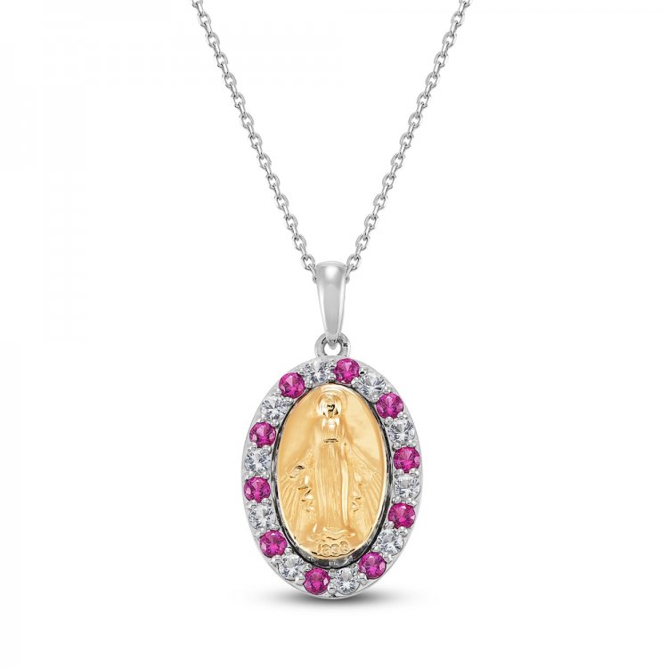 Lab-Created Ruby  White Lab-Created Sapphire Mary Necklace Sterling Silver/10K Yellow Gold 18