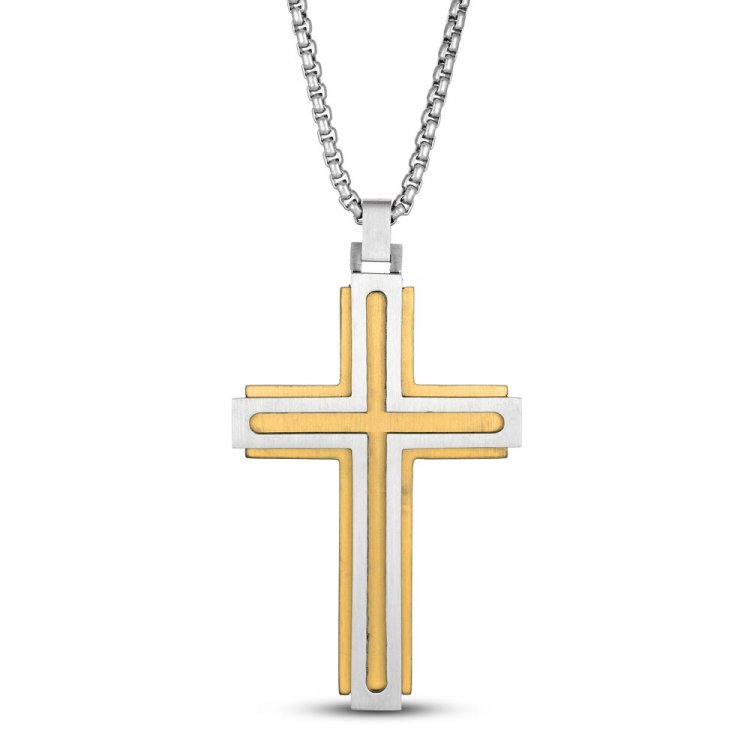 Mens Cross Necklace Gold Ion Plating Stainless Steel 24