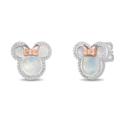 Treasures Minnie Mouse Mother of Pearl Earrings 1/6 ct tw Diamonds 10K Rose Gold Sterling Silver