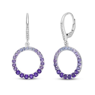 Vibrant Shades Amethyst/Tanzanite/White Lab-Created Sapphire Dangle Earrings Sterling Silver