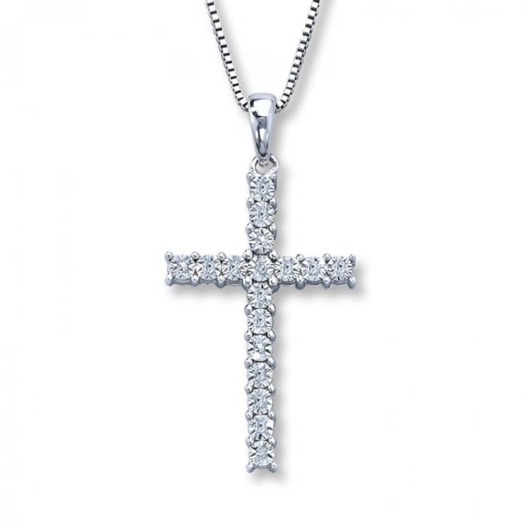 Diamond Cross Necklace  1/15 ct tw Round-cut Sterling Silver