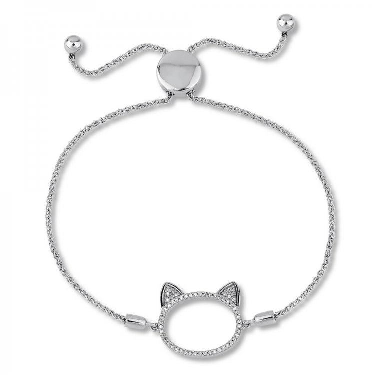 Diamond Cat Bolo Bracelet 1/6 ct tw Round-cut Sterling Silver