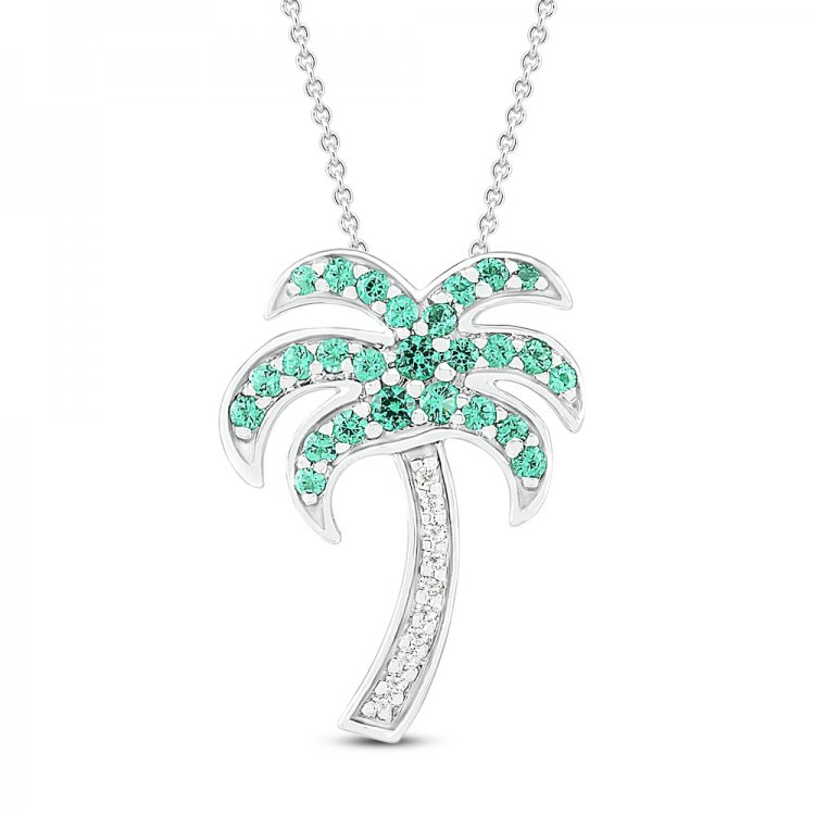 Lab-Created Emerald  White Lab-Created Sapphire Palm Tree Necklace Sterling Silver 18