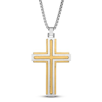 Mens Cross Necklace Gold Ion Plating Stainless Steel 24