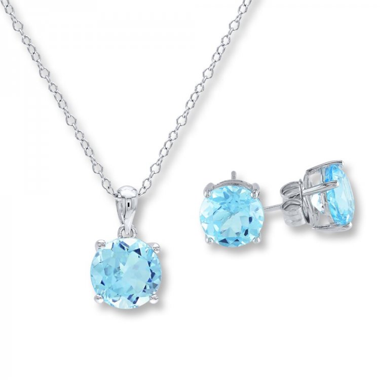 Blue Topaz Gift Set Necklace & Earrings Sterling Silver