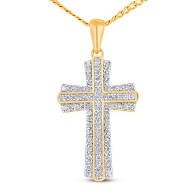 Mens Diamond Cross Necklace 1/3 ct tw Round-cut 10K Yellow Gold 22