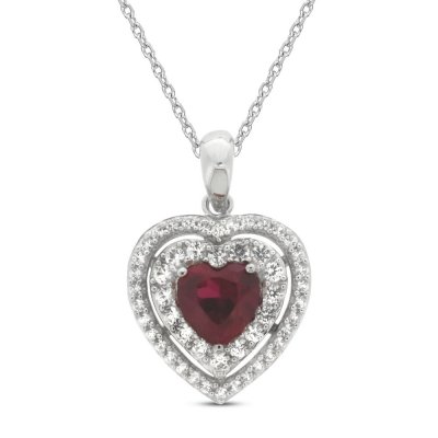 Lab-Created Ruby & Lab-Created White Sapphire Heart Necklace Sterling Silver 18"