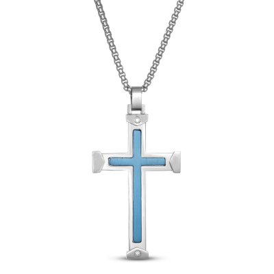 Mens Cross Necklace Diamond Accents Stainless Steel 24