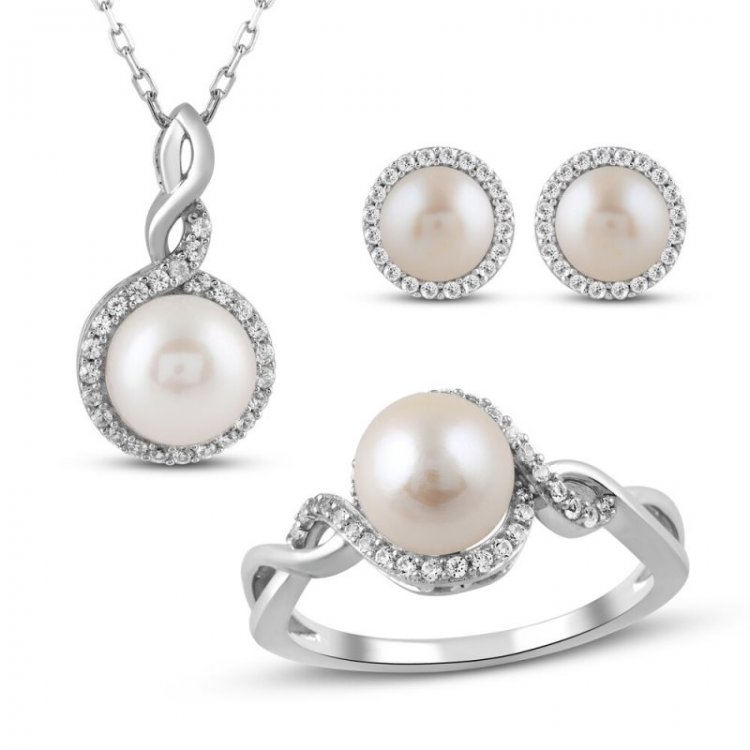 Cultured Pearl  White Lab-Created Sapphire Boxed Set Sterling Silver