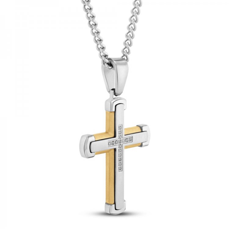 Mens Diamond Cross Necklace 1/10 ct tw Stainless Steel/Yellow Ion Plating 24