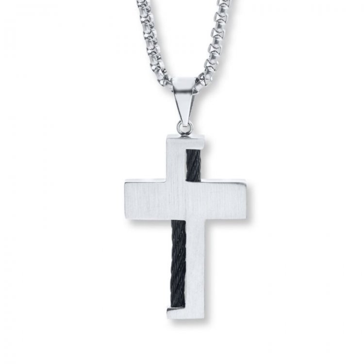 Mens Cross Necklace Diamond Accents Stainless Steel