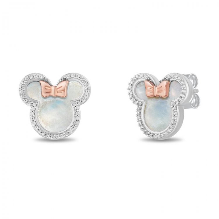 Treasures Minnie Mouse Mother of Pearl Earrings 1/6 ct tw Diamonds 10K Rose Gold Sterling Silver