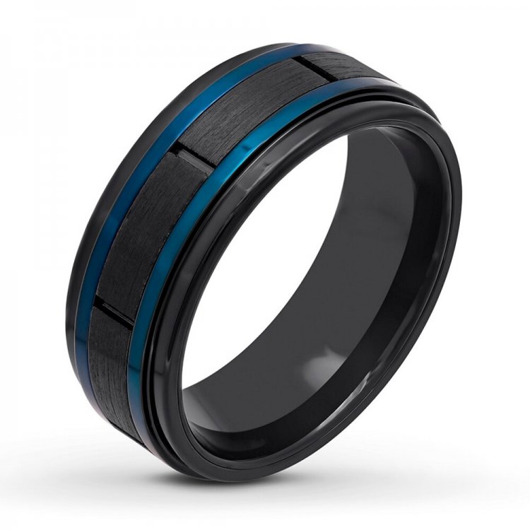 Mens Wedding Band Black/Blue Ion-Plated Stainless Steel 8mm