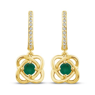 Center of Me Emerald  Diamond Dangle Earrings 1/10 ct tw 10K Yellow Gold