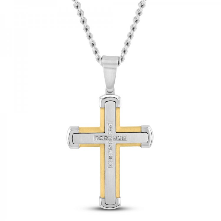 Mens Diamond Cross Necklace 1/10 ct tw Stainless Steel/Yellow Ion Plating 24