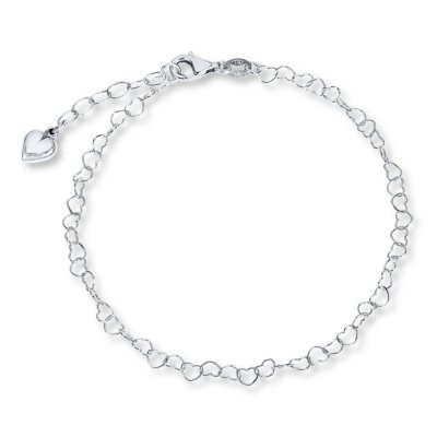 Puffed Heart Charm Anklet Sterling Silver 9" Length