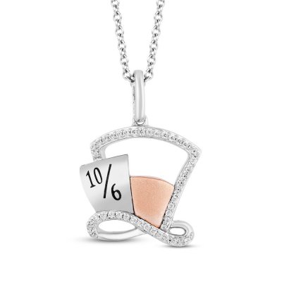 Disney Treasures Alice in Wonderland Mad Hatter Diamond Necklace 1/10 ct tw Sterling Silver/10K Rose Gold 17