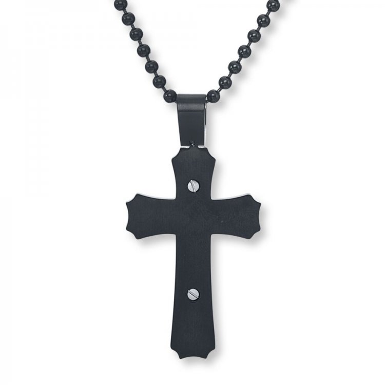 Mens Cross Necklace Stainless Steel/Black Ion Plating