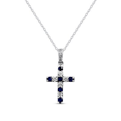 Blue Sapphire  Diamond Cross Necklace 1/6 ct tw Round-Cut 10K White Gold 18