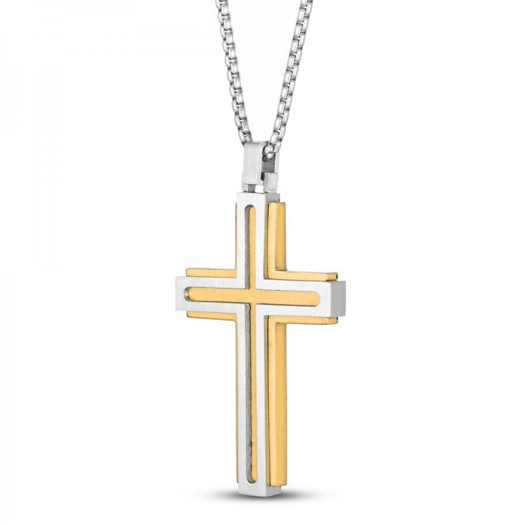 Mens Cross Necklace Gold Ion Plating Stainless Steel 24