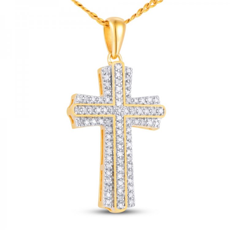 Mens Diamond Cross Necklace 1/3 ct tw Round-cut 10K Yellow Gold 22