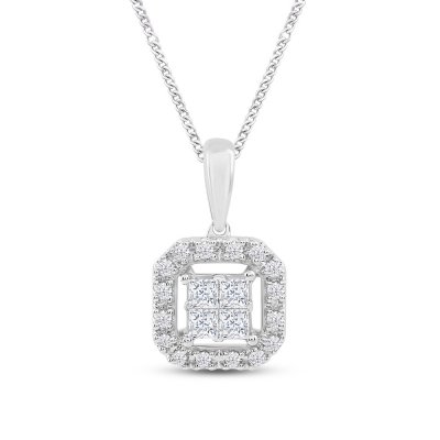 Diamond Halo Necklace 1/4 ct tw Princess/Round 10K White Gold 19