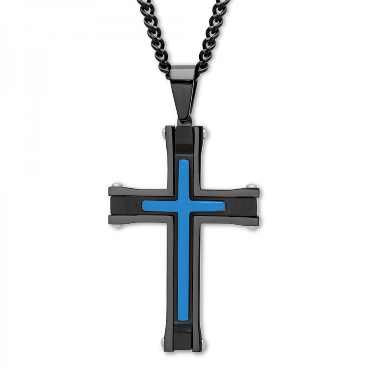 Mens Cross Necklace Black  Blue Ion-Plated Stainless Steel