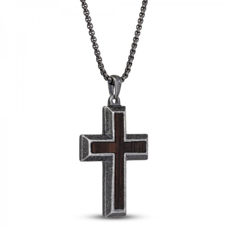 Mens Cross Necklace Black Ion Plating Stainless Steel 24