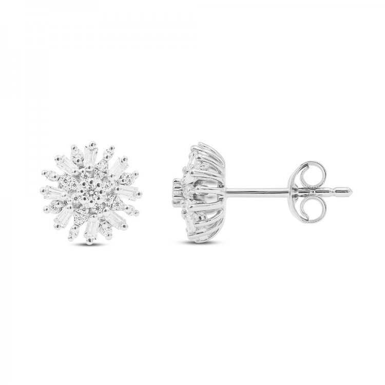 Sparks of Love Diamond Stud Earrings 1/3 ct tw Round/Baguette 10K White Gold