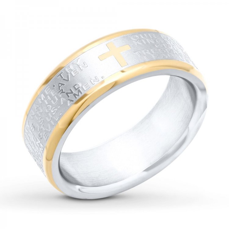 Mens Cross Wedding Band Stainless Steel/Yellow Ion-Plating 7mm