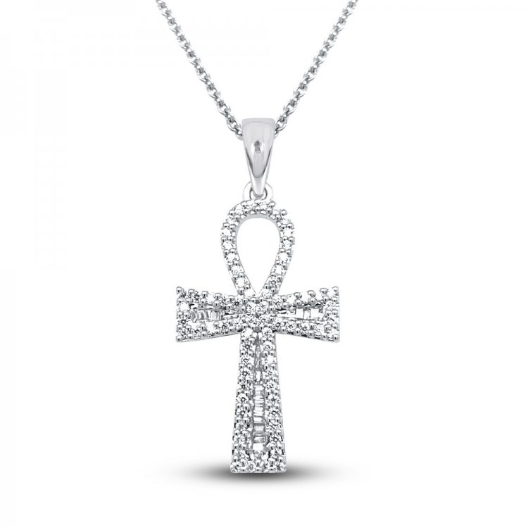 Diamond Cross Necklace 1/4 ct tw Round/Baguette 10K White Gold 18