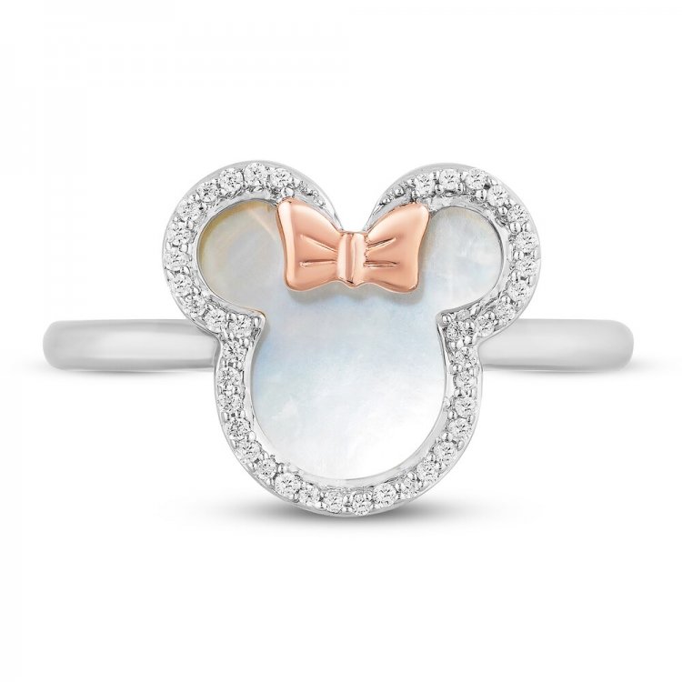 Disney Treasures Minnie Mouse Mother of Pearl Ring 1/10 ct tw Diamonds Sterling Silver/10K Rose Gold