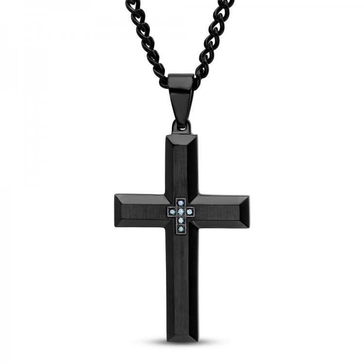 Men's Cross Necklace 1/20 ct tw Blue Diamonds Stainless Steel/Black Ion Plating 24