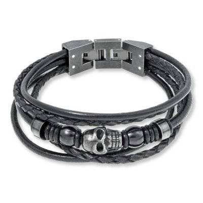 Men's Skull Bracelet Stainless Steel Black Leather