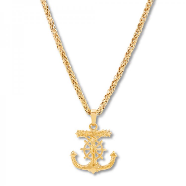 Mens Crucifix Anchor Necklace 10K Yellow Gold 22