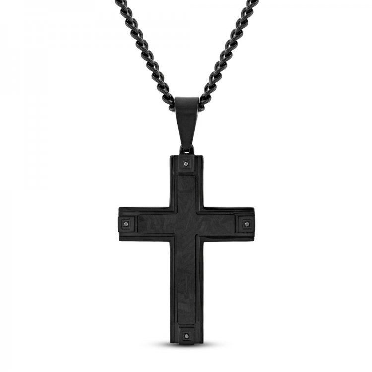 Mens Cross Necklace 1/20 ct tw Black Diamonds Stainless Steel/Black Ion Plating 24