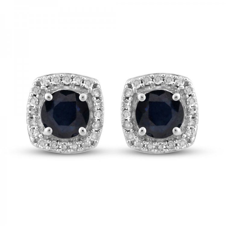 Sapphire Earrings 1/10 ct tw Diamonds 10K White Gold