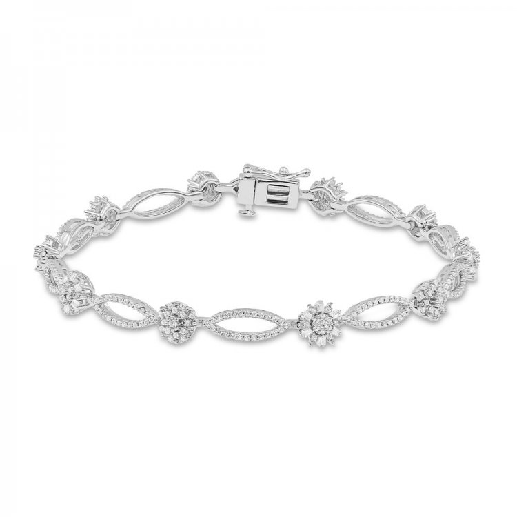 Sparks of Love Diamond Line Bracelet 1-1/3 ct tw Round/Baguette 10K White Gold