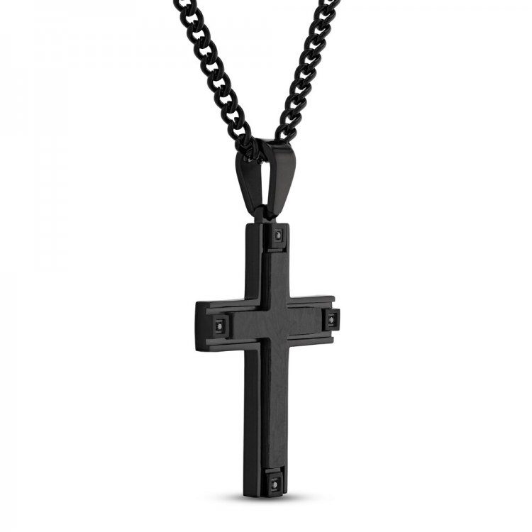 Mens Cross Necklace 1/20 ct tw Black Diamonds Stainless Steel/Black Ion Plating 24