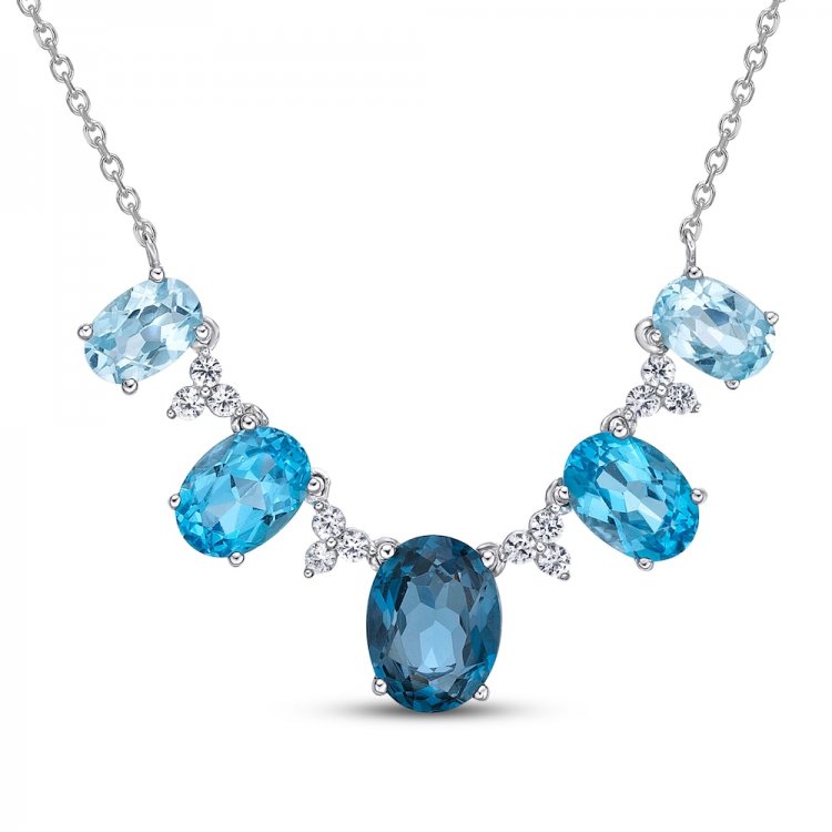 Vibrant Shades Blue Topaz  White Lab-Created Sapphire Necklace Sterling Silver 16.3