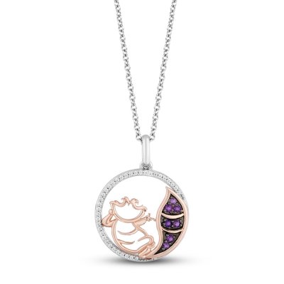 Disney Treasures Alice in Wonderland Cheshire Cat Diamond  Amethyst Necklace 1/10 ct tw Sterling Silver/10K Rose Gold