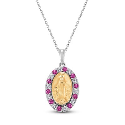 Lab-Created Ruby  White Lab-Created Sapphire Mary Necklace Sterling Silver/10K Yellow Gold 18