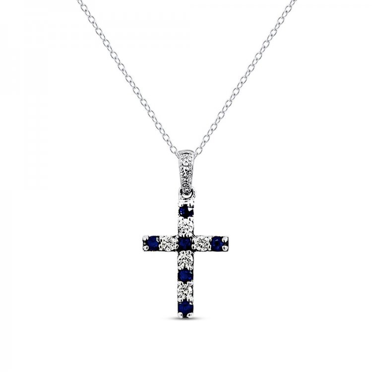 Blue Sapphire  Diamond Cross Necklace 1/6 ct tw Round-Cut 10K White Gold 18