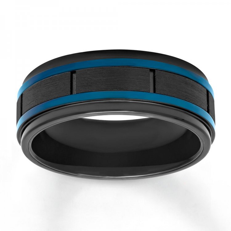 Mens Wedding Band Black/Blue Ion-Plated Stainless Steel 8mm