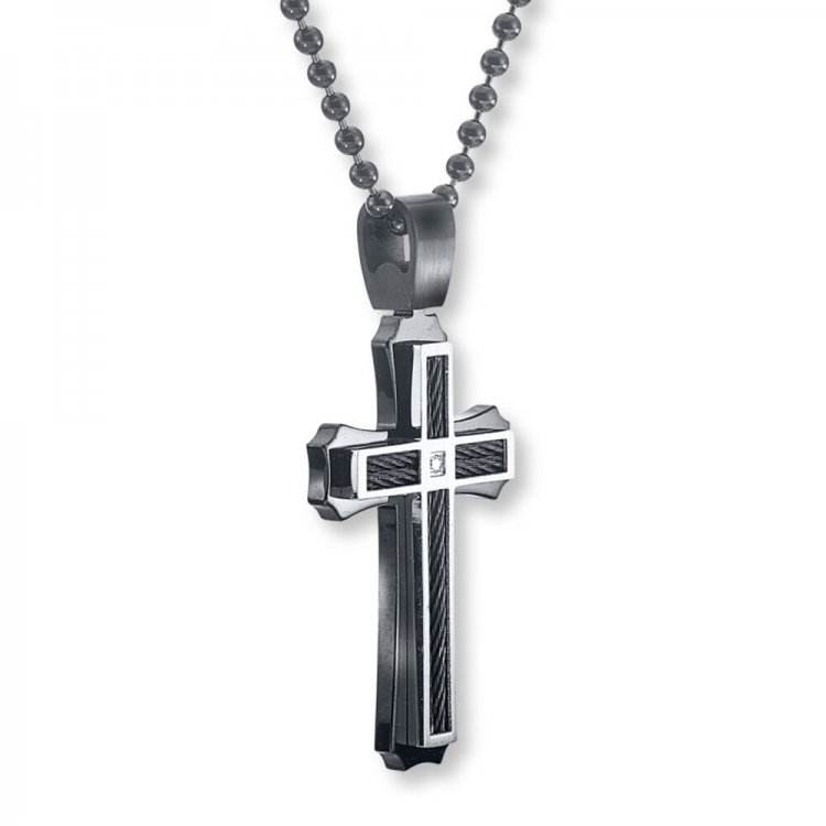 Mens Cross Necklace Stainless Steel/Black Ion Plating