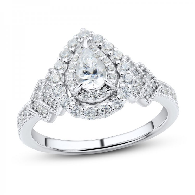 Diamond Engagement Ring 3/4 ct tw Pear/Round 14K White Gold