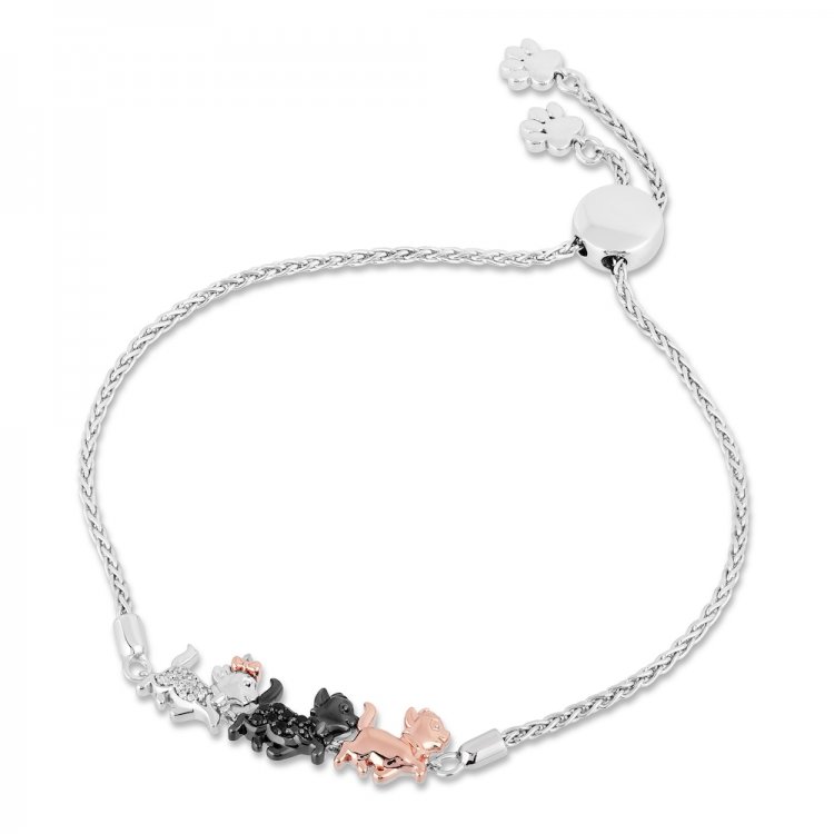 Disney Treasures Aristocats Black & White Diamond Bolo Bracelet 1/10 ct tw Sterling Silver/10K Rose Gold