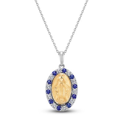 Blue  White Lab-Created sapphire Mary Necklace Sterling Silver/10K Yellow Gold 18