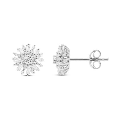 Sparks of Love Diamond Stud Earrings 1/3 ct tw Round/Baguette 10K White Gold